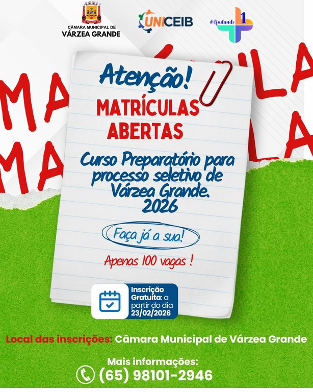 Câmara Municipal de Várzea Grande oferece curso preparatório para processo seletivo