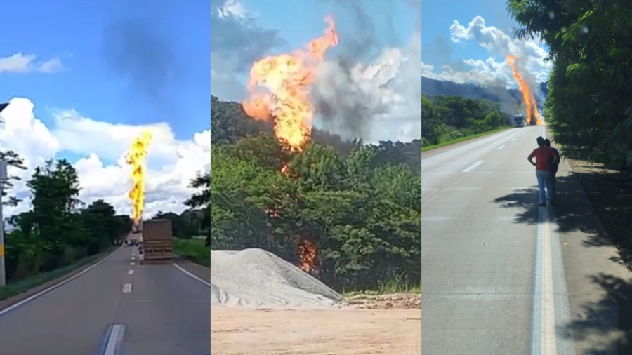 Carreta-tanque com etanol pega fogo e trava rodovia no sentido Rondonópolis; vídeos mostram chamas altas