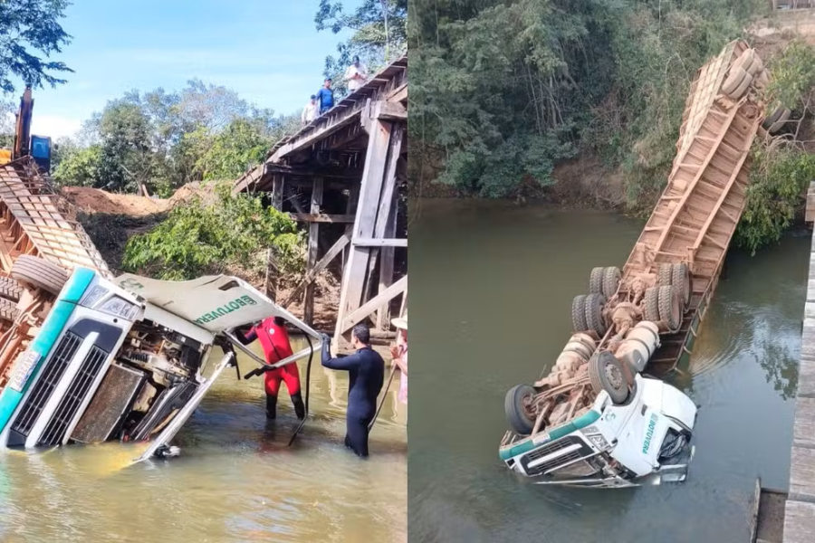 Motorista morre após carreta com gado cair em rio de MT