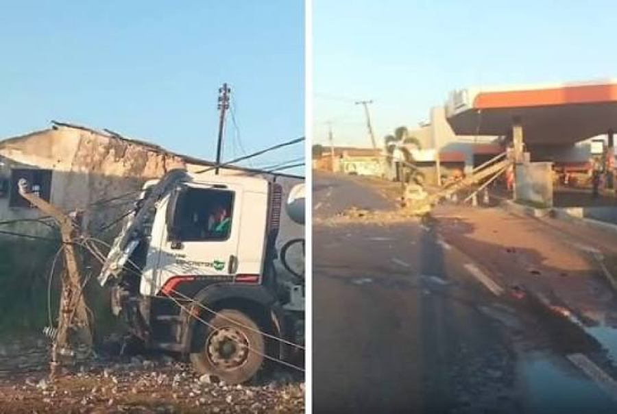 Caminhão betoneira derruba poste e interdita Avenida Ulisses Pompeu em Várzea Grande